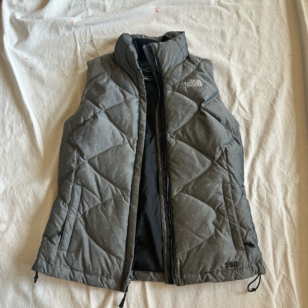 The North Face Grey White Polka Dot Puffer Vest